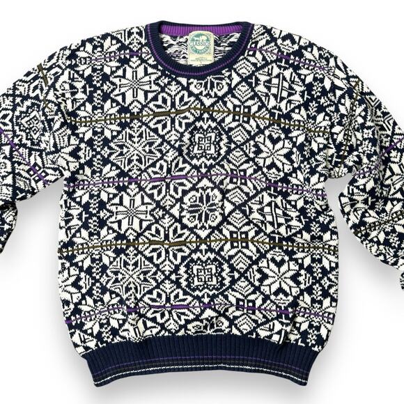 Vintage Nordic Snowflake Sweater Unisex L Knit Pullover Retro Winter Jumper USA - Picture 5 of 8